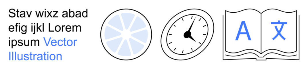 Obraz premium Education, time management, translation, language learning, productivity tools, global communication. Circular star icon, analog clock open book with text. Time management and language learning