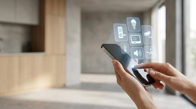 Hands holding a smartphone controlling smart home devices with an interface overlay