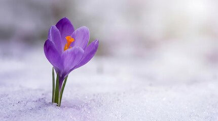 Beautiful purple crocus flower blooming through white snow in early spring season morning light