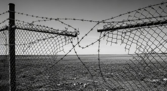 Broken Barbed Wire Chain Link Fence In Rural Landscape