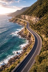 Obraz premium Coastal Cliff Road Aerial View Along Ocean Coastline