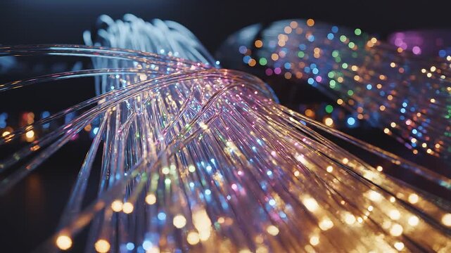 Macro Fiber Optic Cables Transmitting High Speed Data with Glowing Light Particles 8K Video