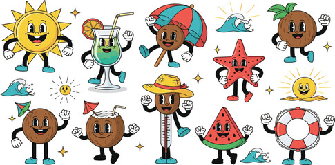 Fototapeta premium Cute Summer Mascot Cartoon Character Set with Sun, Coconut, Watermelon, Starfish, Cocktail Drink, Beach Umbrella and Ocean Elements for Vacation Designs