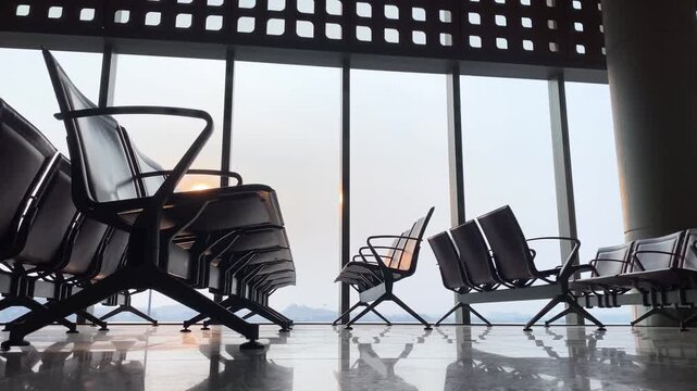 Airport seating area with modern chairs arranged in rows, large windows revealing a cloudy sky and distant mountains in the background, creating a spacious atmosphere