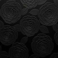 Seamless pattern of black roses and leaves on a dark background with a monochromatic color scheme and elegant floral design.
