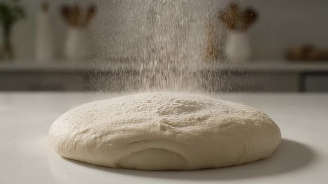Dusting fresh bread dough with flour on a clean white surface