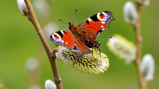 A beautiful peacock butterfly rests on a blooming pussy willow branch in spring.