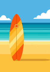 Vibrant vector illustration of a colorful surfboard standing on a sandy beach with ocean waves and blue sky, perfect for summer and travel themes © Purnomo