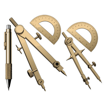 Drawing compass and ruler drafting tools isolated on white background illustration.