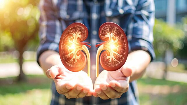Man hands supporting a healthy glowing anatomical kidney pair icon against a blurry natural green background