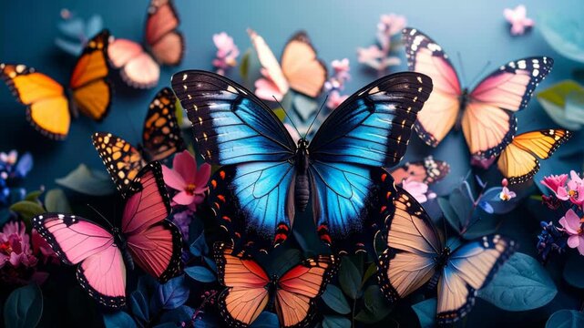 Vibrant blue butterfly surrounded by many colorful butterflies and flowers in a magical nature scene