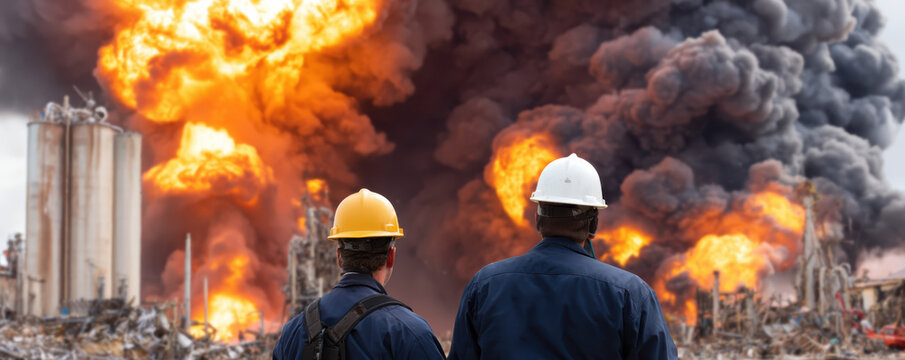 Two workers in safety gear observe a massive industrial fire with large flames and thick black smoke engulfing the background.