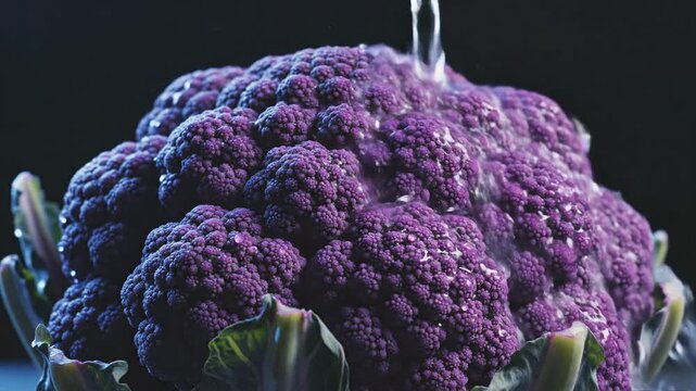 Vibrant purple cauliflower being rinsed with water, showcasing its fresh, detailed texture and natural beauty