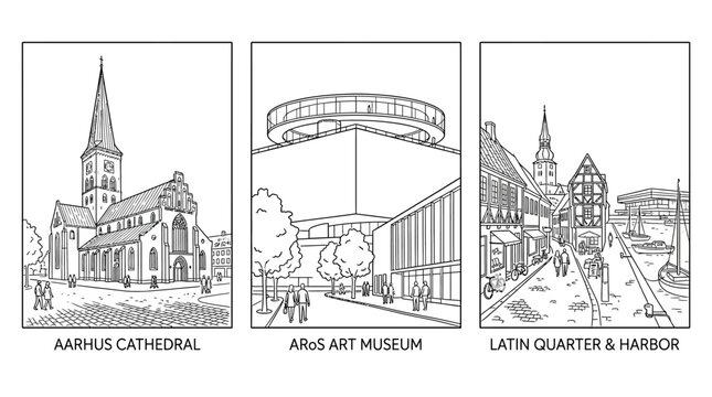 Line Art Depictions of Aarhus Landmarks