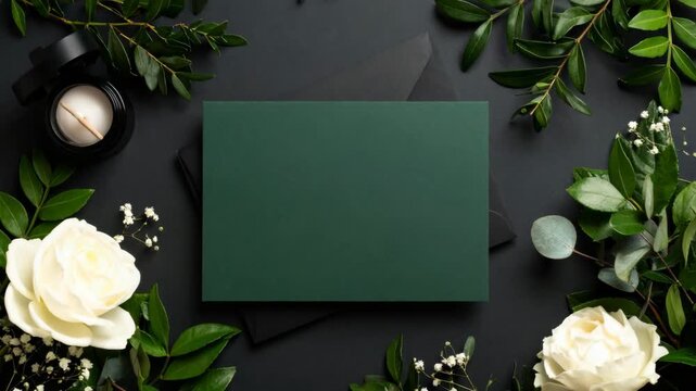 Elegant dark green blank greeting card mockup with white roses and black envelope on dark background