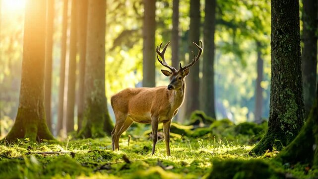 Red deer stag with large antlers standing in a lush green sunlit forest during golden hour in the morning