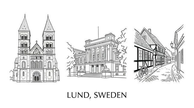 Lund Sweden Cityscape Trio Cathedral Theatre and Cobblestone Street