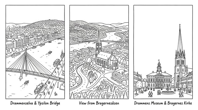 Three Black and White Line Art Vistas of Drammen Norway