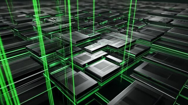 Abstract Digital Grid with Green Neon Lines and Dark Rectangles