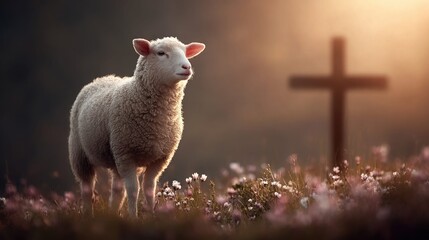 Fototapeta premium Lone sheep stands in a field of flowers with a cross in the soft golden sunset light