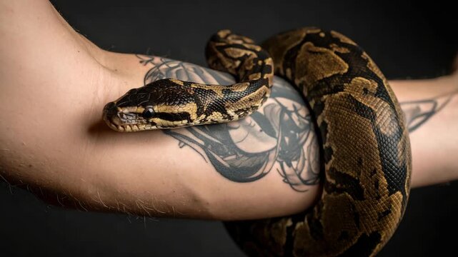 Close up shot of a ball python snake coiling around a tattooed arm against a solid black backdrop