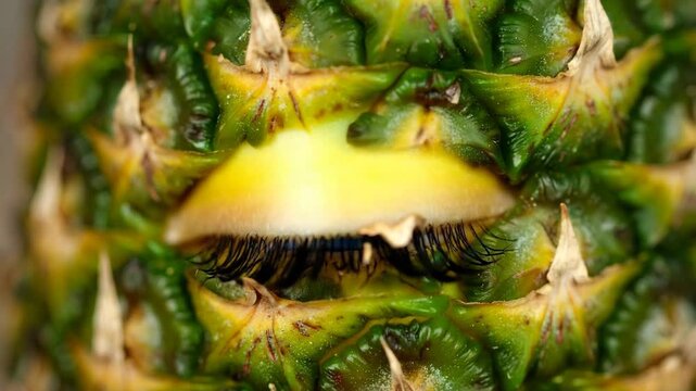 Surreal conceptual macro shot of pineapple skin with long black eyelashes mimicking a closed human eye in close up detail