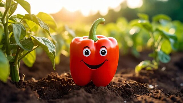 Cute cartoon red bell pepper character smiling in a sunny vegetable garden patch at sunset