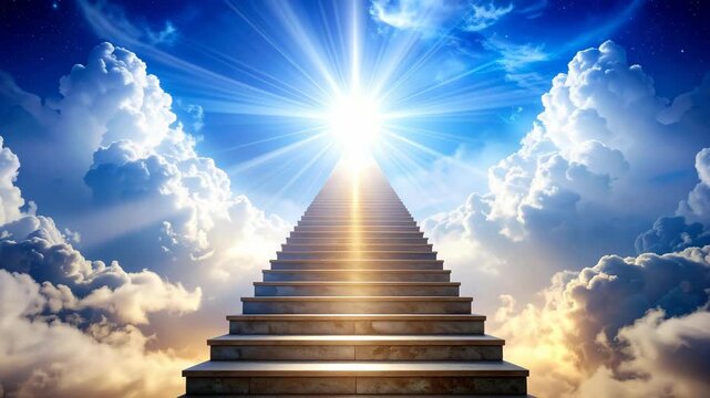 Stone stairway leading to a bright divine light in the clouds representing heaven and spiritual growth
