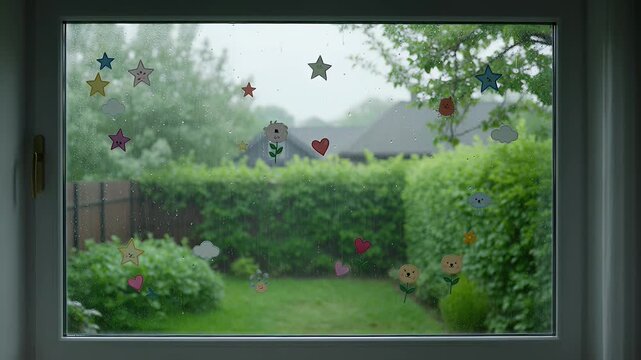 Rainy window adorned with playful stickers; green garden, hedges, and trees outside