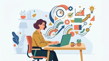 Minimalist modern flat illustration of productivity concept, woman typing on laptop, abstract shapes symbolizing workflow.