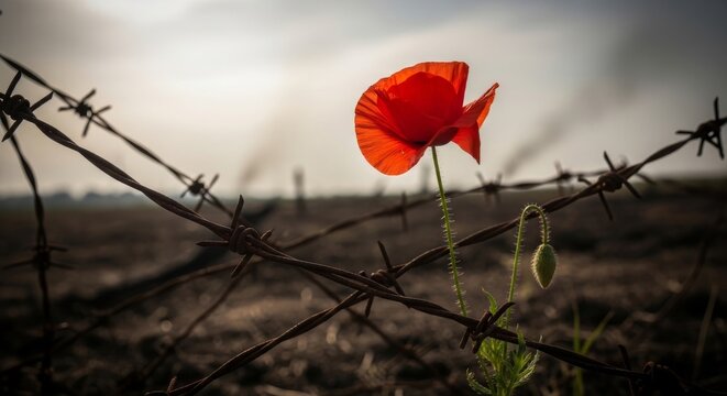 Red Poppy Blooms Defiantly Amidst Barbed Wire