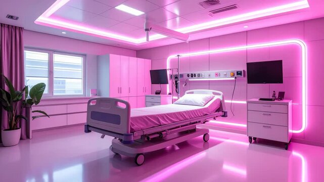 Modern futuristic hospital room with pink neon lighting and empty medical bed for patient recovery