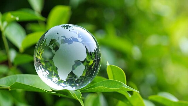 Transparent glass globe resting on fresh green leaves representing environmental conservation and global sustainability