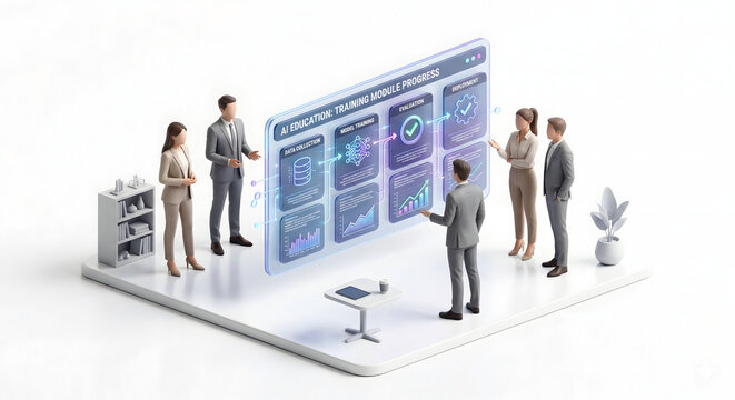 AI教育モジュールの進捗状況を共有・確認するビジネスチームの3Dイラスト