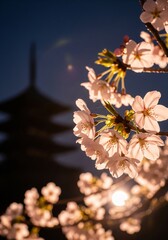 Glowing Cherry Blossoms In Dark Night With Blurred Silhouette Of Five Story Pagoda Background