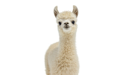 Fototapeta premium Isolated cute domestic farm animal, a young fluffy alpaca with soft wool looking at camera
