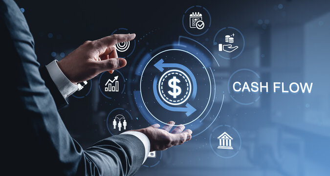 Cash flow finance concept with business hands and digital financial technology money icons on dark modern background.