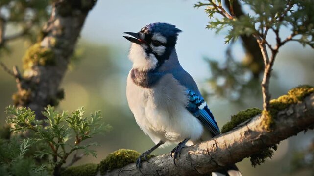 Blue Jay Perched on Mossy Tree Branch in Forest