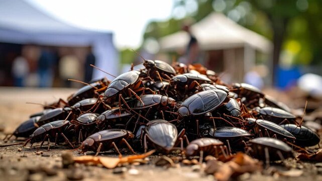 Mass of large brown cockroaches crawling over each other in a pile at a sunny outdoor public event