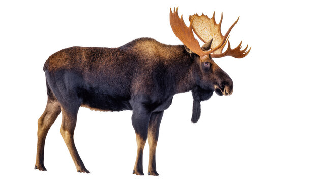 Isolated male moose with large antlers, powerful majestic wildlife animal in natural stance