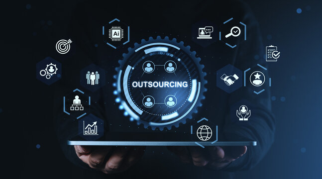 Digital outsourcing interface with multiple futuristic glowing icons and modern digital technology elements over dark background.