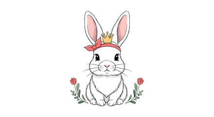 Obraz premium Sweet white rabbit wearing a pink bow and a golden crown surrounded by delicate pink roses and green leaves.