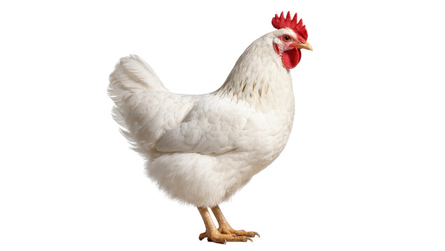 Isolated studio portrait of a beautiful white hen with red comb and wattles.