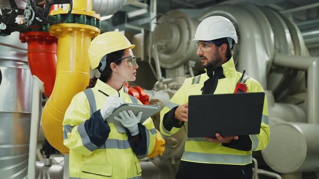 Safety-Focused HVAC Inspection by Engineering Team.Helmeted engineers verify protective measures while inspecting compressor and condenser components for safe operation.