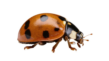 Isolated ladybug close-up with vibrant orange shell, intricate black spots, and delicate antennae © Elowen