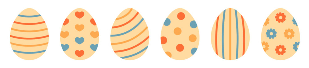 Set of decorative Easter eggs with stripes, hearts, dots and flowers in flat style isolated on white background. Colorful spring holiday illustration for greeting cards, prints and design. Hand drawn. © Julia Preskurel