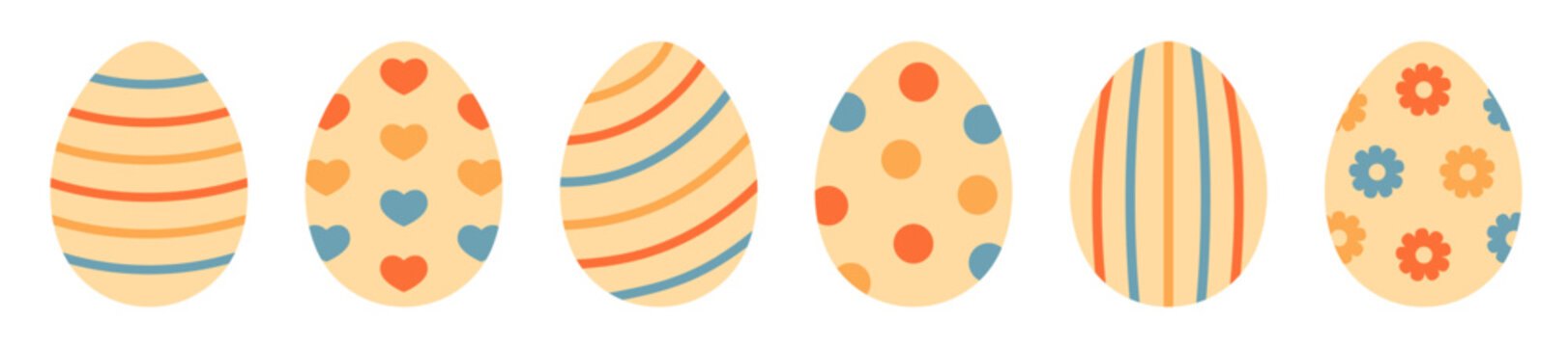 Set of decorative Easter eggs with stripes, hearts, dots and flowers in flat style isolated on white background. Colorful spring holiday illustration for greeting cards, prints and design. Hand drawn.
