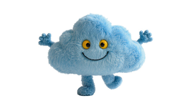 Isolated happy fluffy blue cloud character plush toy with friendly yellow eyes, arms, and legs