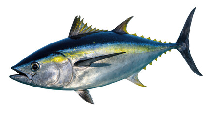 Isolated fresh yellowfin tuna, a valuable seafood species with bright yellow fins and tail © Elowen