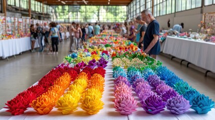 Fototapeta premium Vibrant handmade paper flowers displayed in a long rainbow gradient at a craft fair